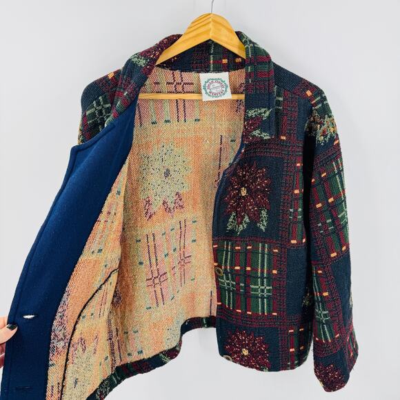 Sugar Street Weavers Tapestry Christmas Jacket Poinsettias Plaid One Size - Picture 5 of 10